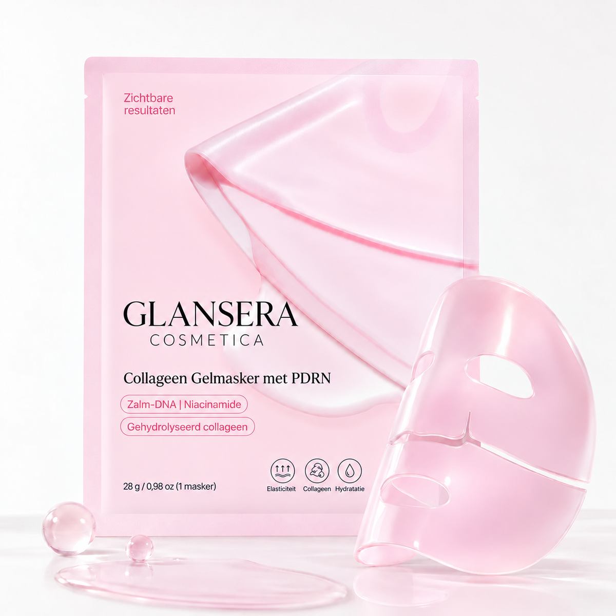 Collageen gelmasker met zalm-PDRN van Glansera, zakje en masker